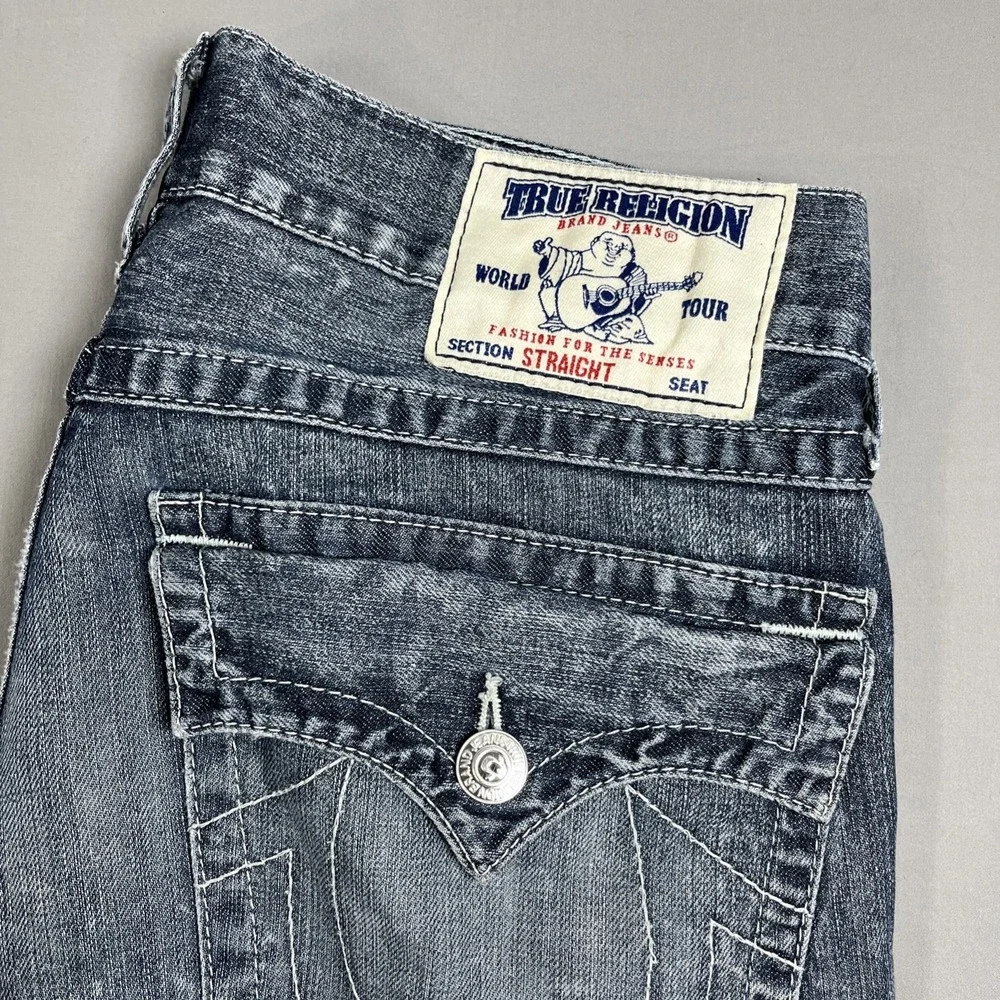 True Religion Jeans Mens 33 Straight Fit Flap Pocket Medium Acid Wash Blue Denim